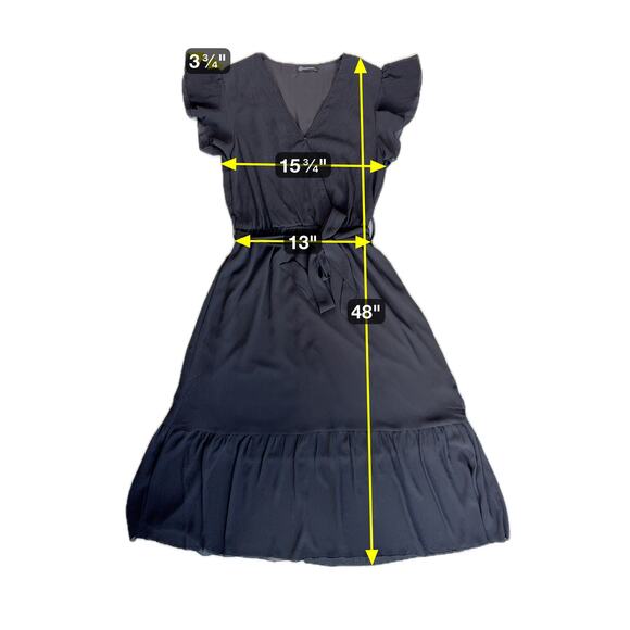 Fit  Flare Black Midi Dress Small Flutter Sleeve Mock Wrap Coquette Flirty Flowy - Picture 4 of 16